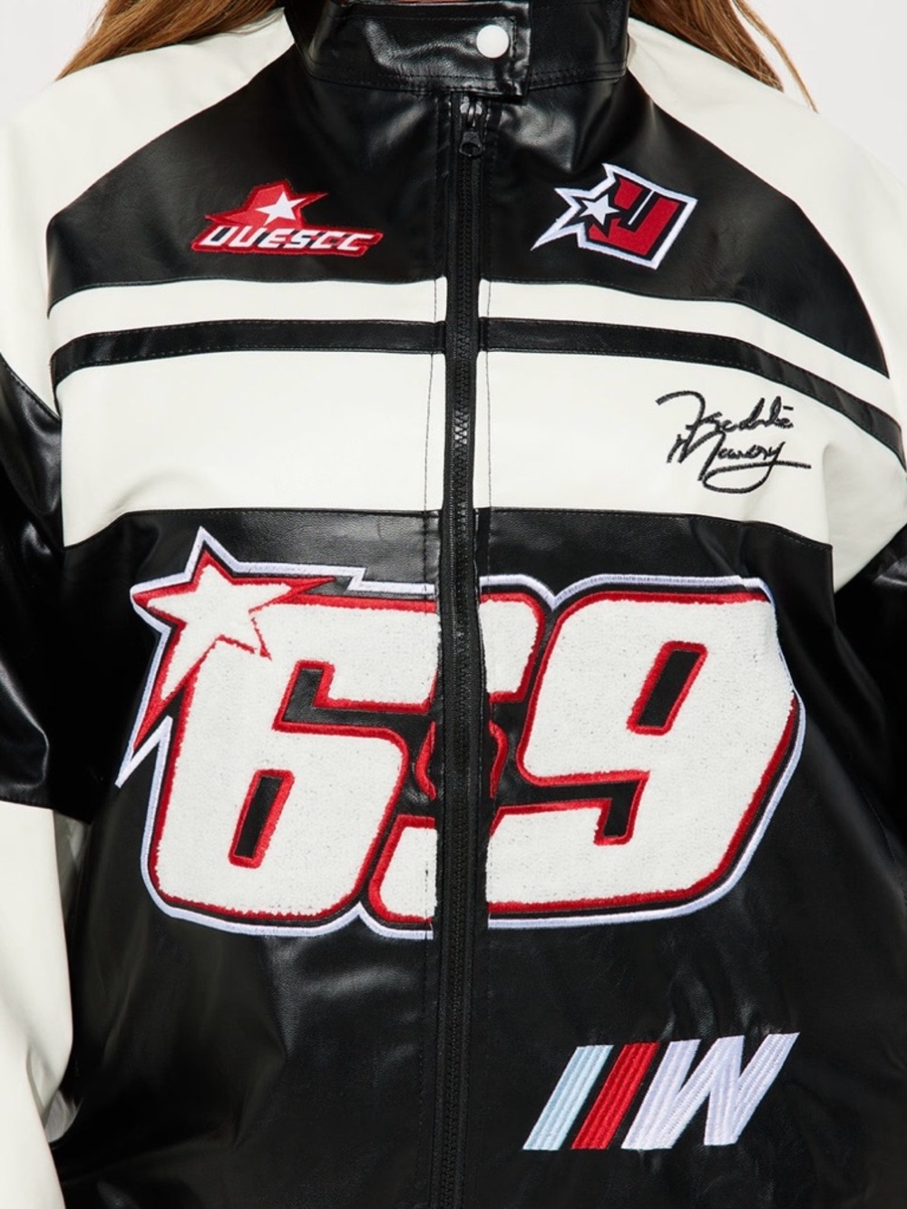 Fashion Nova Black and White Racing Bomber Jacket with Red Details